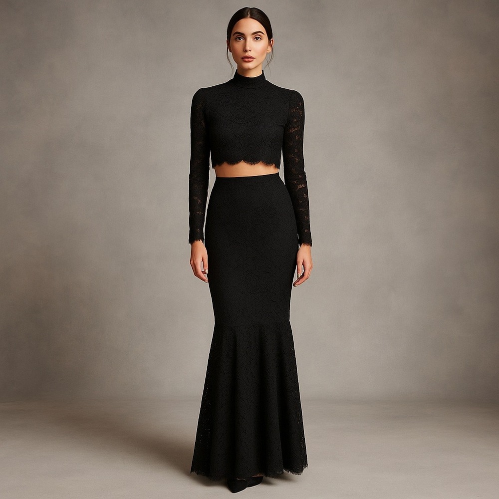 Fame and Partners US4 Black Lace 2‎ Piece Outfit Set Top & Maxi Skirt Formal
